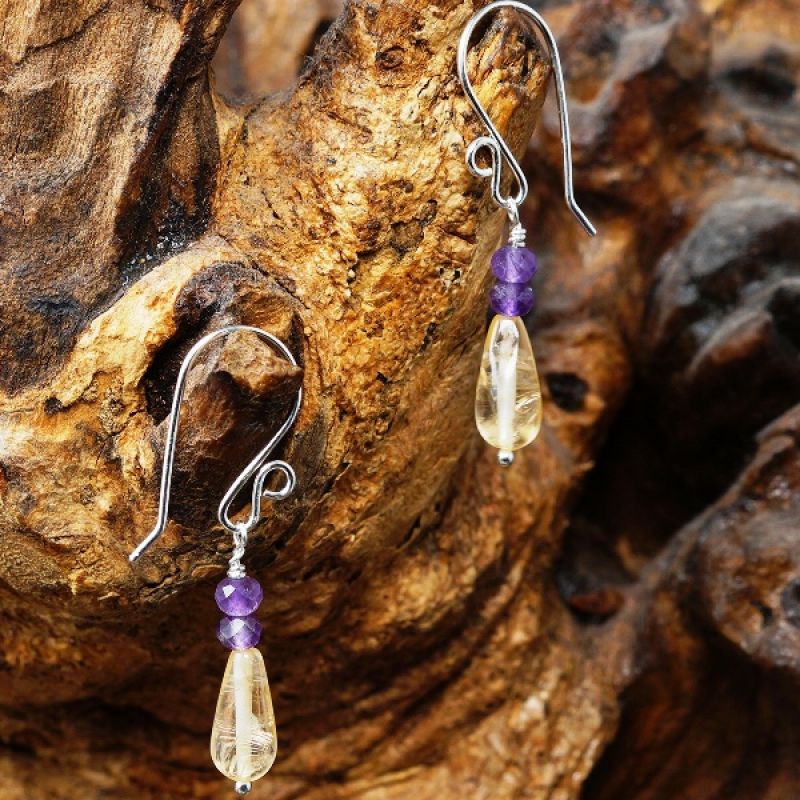 Handmade sterling silver wire wrapped Amethyst Citrine drop earrings