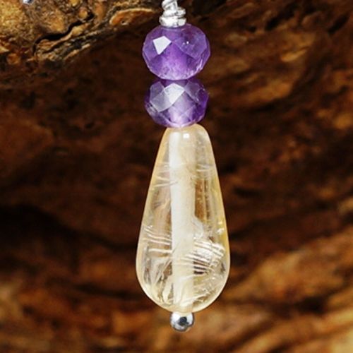 Handmade sterling silver wire wrapped Amethyst Citrine drop earrings close up