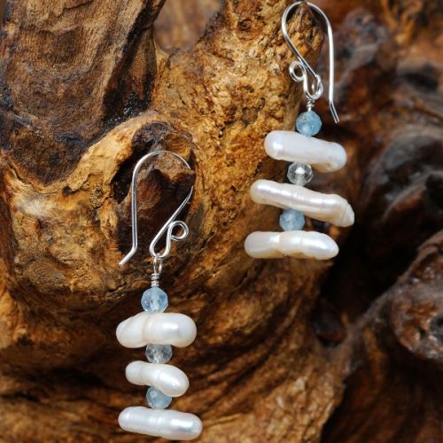 Elegant sterling silver wire wrapped stacked faceted Pink Aquamarine Ivory Biwa Pearl Earrings 01