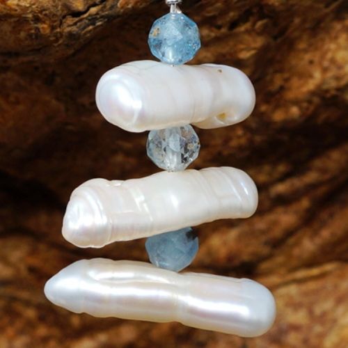 Elegant sterling silver wire wrapped stacked faceted Pink Aquamarine Ivory Biwa Pearl Earrings 01