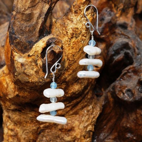 Elegant sterling silver wire wrapped stacked faceted Pink Aquamarine Ivory Biwa Pearl Earrings 01
