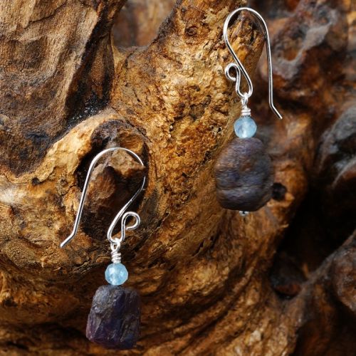 Handmade recycled sterling silver wire wrapped Aquamarine Rough Ruby  earrings full view