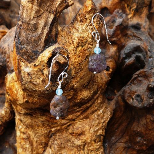 Handmade recycled sterling silver wire wrapped Aquamarine Rough Ruby  earrings full view