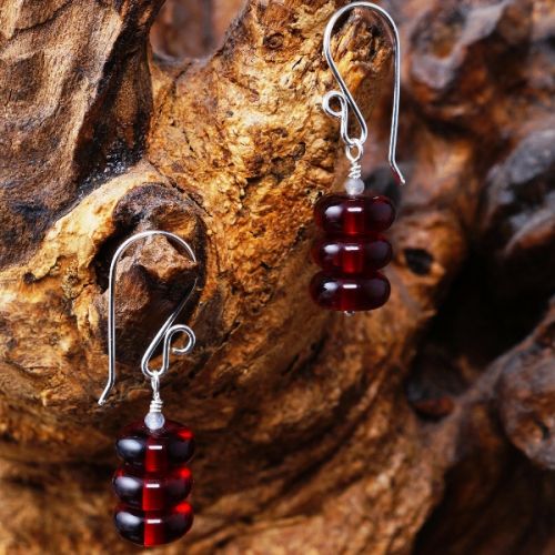 Handcrafted sterling silver wire wrapped stacked Black Sunstone Cherry Amber earrings 01 Full View