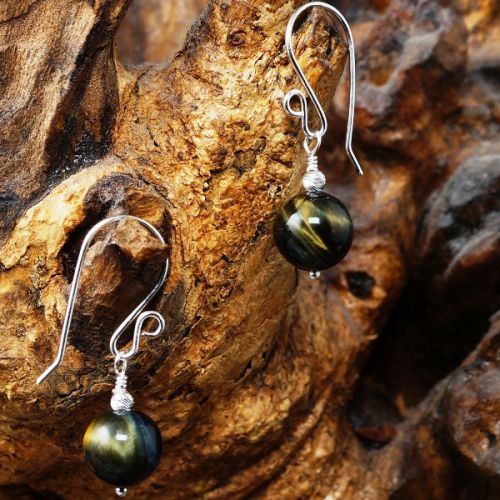 Handmade recycled sterling silver wire wrapped Blue Gold Tigers Eye earrings full view
