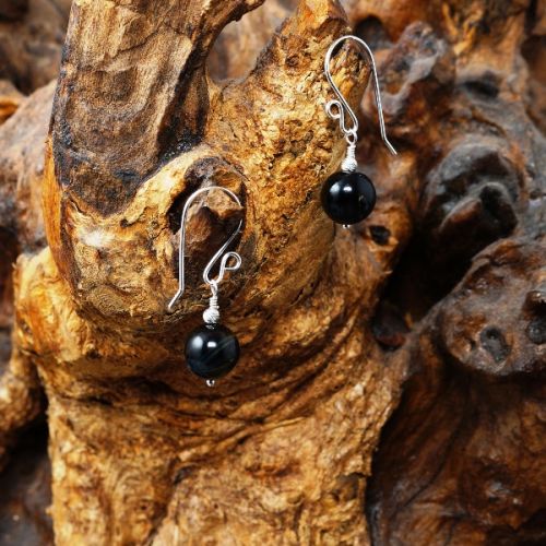 Handmade recycled sterling silver wire wrapped Blue Gold Tigers Eye earrings full view