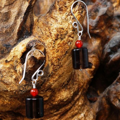 Handmade recycled sterling silver wire wrapped Carnelian trillion Smokey Quartz tube earrings full v