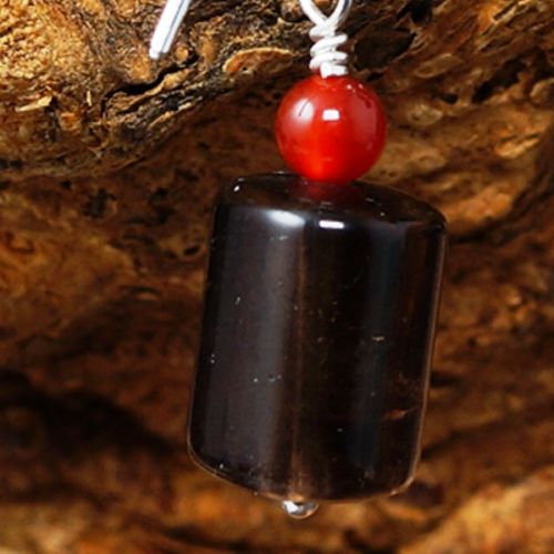 Handmade recycled sterling silver wire wrapped Carnelian trillion Smokey Quartz tube earrings full v