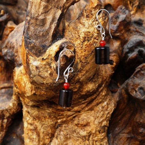 Handmade recycled sterling silver wire wrapped Carnelian trillion Smokey Quartz tube earrings full v