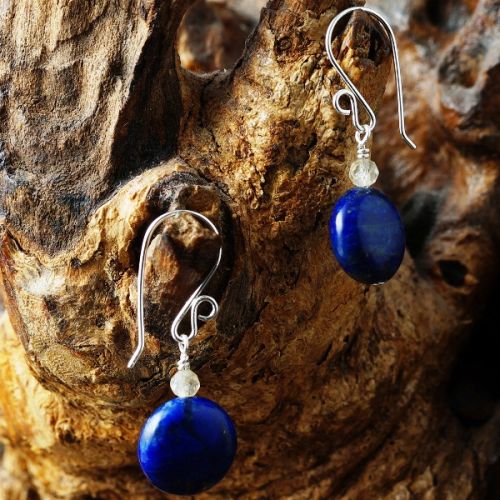 Handmade sterling silver wire wrapped Citrine Lapis Lazuli earrings 02 fullview