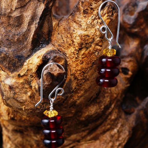 Handcrafted sterling silver wire wrapped stacked Citrine Cherry Amber earrings 01 Full View