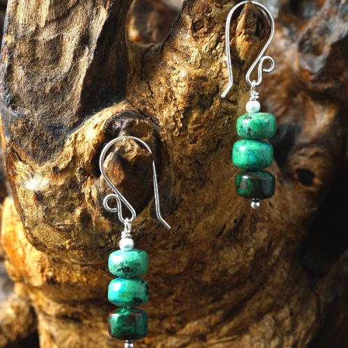 Handmade sterling silver wire wrapped stacked Chrysocolla Earrings 01 Full view