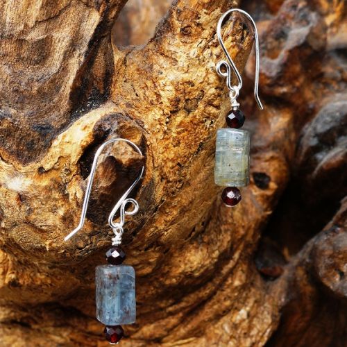 Handmade recycled sterling silver wire wrapped Garnet Blue Kyanite Oblong Earrings close up