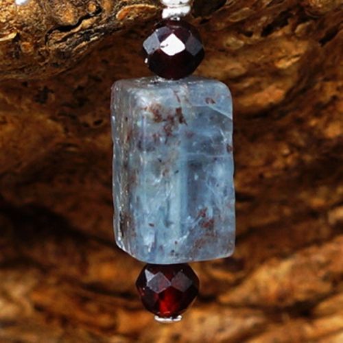 Handmade recycled sterling silver wire wrapped Garnet Blue Kyanite Oblong Earrings close up