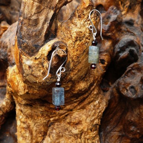 Handmade recycled sterling silver wire wrapped Garnet Blue Kyanite Oblong Earrings close up