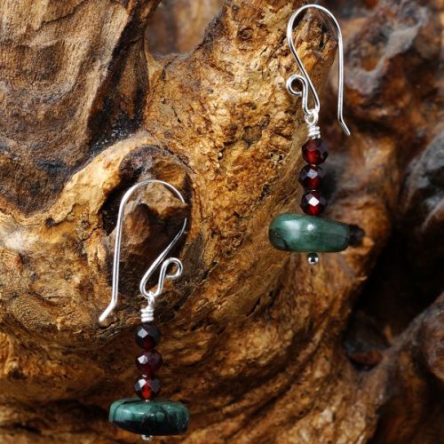 Handmade recycled sterling silver wire wrapped Garnet Natural Emerald earrings full view