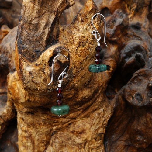 Handmade recycled sterling silver wire wrapped Garnet Natural Emerald earrings full view