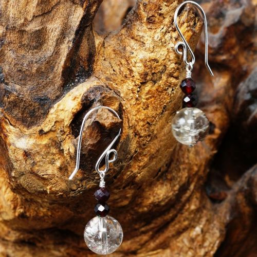 Handmade sterling silver wire wrapped Garnet Smokey Citrine earrings