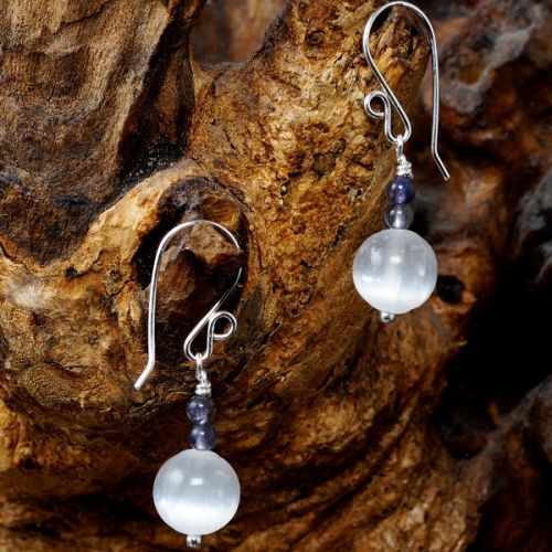 Handmade recycled sterling silver wire wrapped Iolite Selenite earrings full view