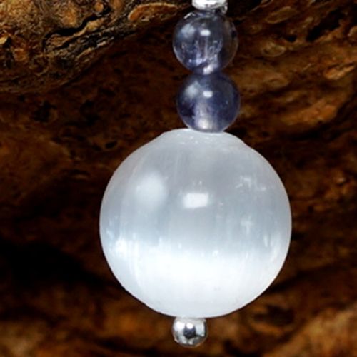 Handmade recycled sterling silver wire wrapped Iolite Selenite earrings close up