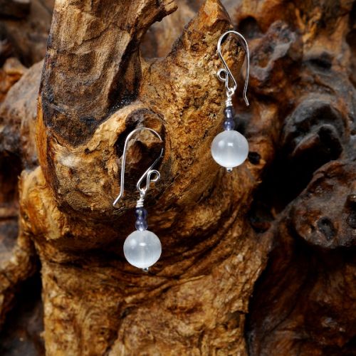 Handmade recycled sterling silver wire wrapped Iolite Selenite earrings full view