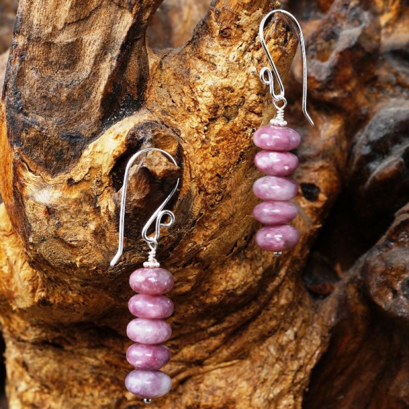 Handmade stering silver wire wrapped stacked Lepidolite Earrings Full View