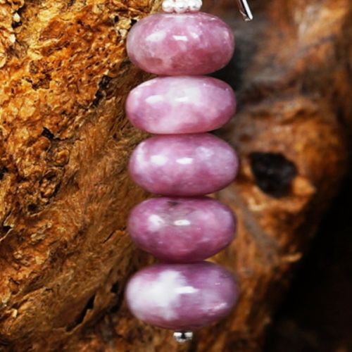 Handmade stering silver wire wrapped stacked Lepidolite Earrings close up