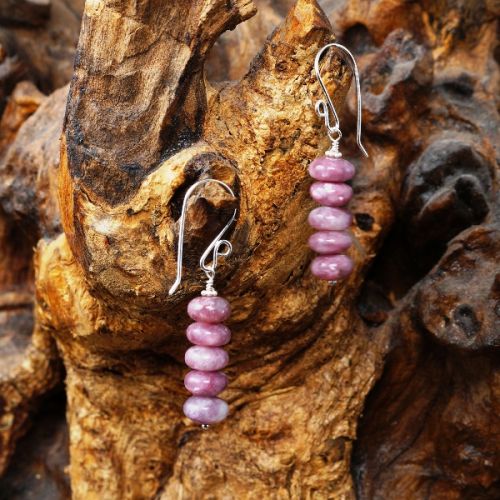 Handmade stering silver wire wrapped stacked Lepidolite Earrings Full View