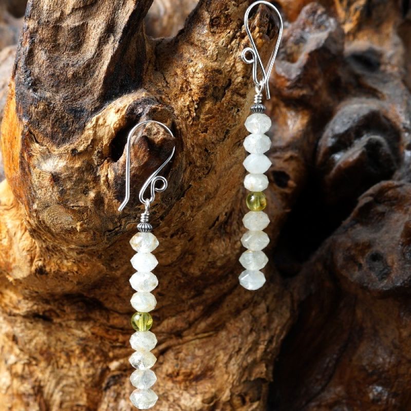 Handmade sterling silver faceted Peridot stacked London Blue Topaz Earrings Full View