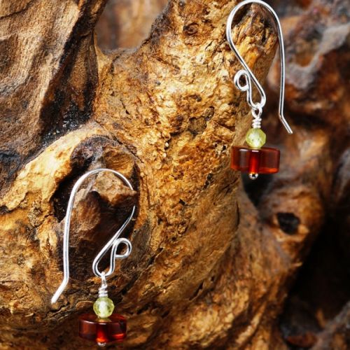 Handmade recycled sterling silver wire wrapped Peridot Amber Diamond Earrings 01 Full View