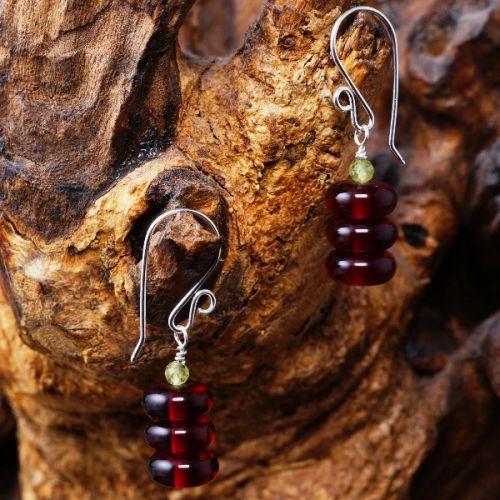Handcrafted sterling silver wire wrapped stacked Peridot Cherry Amber earrings 01 Full View