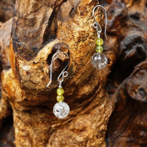 Handmade sterling silver wire wrapped Peridot Smokey Citrine earrings