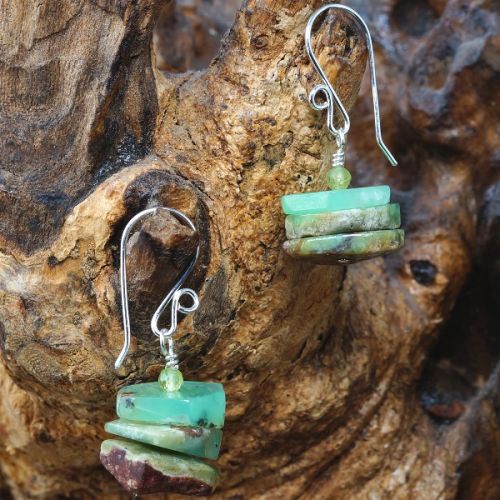 Handmade sterling silver wire wrapped Peridot stacked Green Chrysoprase slices earrings 01