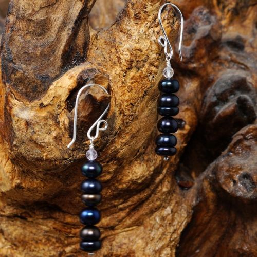 Elegant sterling silver wire wrapped stacked faceted Pink Amethyst Peacock Freshwater Pearl Earrings