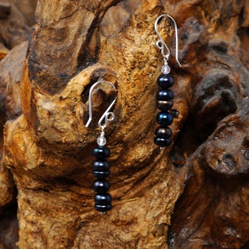 Elegant sterling silver wire wrapped stacked faceted Pink Amethyst Peacock Freshwater Pearl Earrings