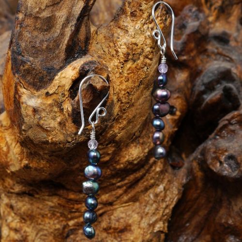 Elegant sterling silver wire wrapped stacked faceted Pink Amethyst Blue Freshwater Pearl Earrings 01