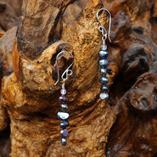 Elegant sterling silver wire wrapped stacked faceted Pink Amethyst Blue Freshwater Pearl Earrings 01