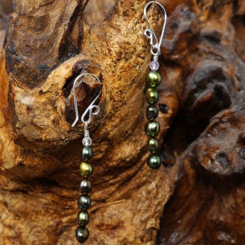 Elegant sterling silver wire wrapped stacked faceted Pink Amethyst Green Freshwater Pearl Earrings 0