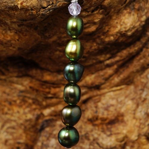 Elegant sterling silver wire wrapped stacked faceted Pink Amethyst Green Freshwater Pearl Earrings 0