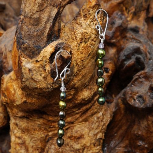 Elegant sterling silver wire wrapped stacked faceted Pink Amethyst Green Freshwater Pearl Earrings 0
