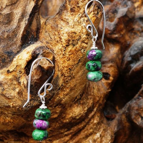 Contemporary handmade sterling silver wire wrapped stacked faceted Ruby Zoisite earrings 01 full vie