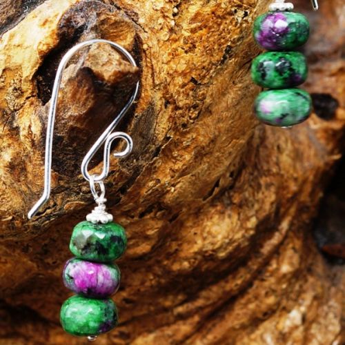Contemporary handmade sterling silver wire wrapped stacked faceted Ruby Zoisite earrings 01 close up
