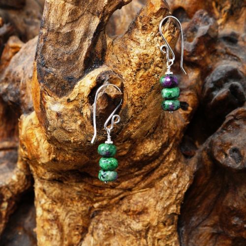 Contemporary handmade sterling silver wire wrapped stacked faceted Ruby Zoisite earrings 01 full vie
