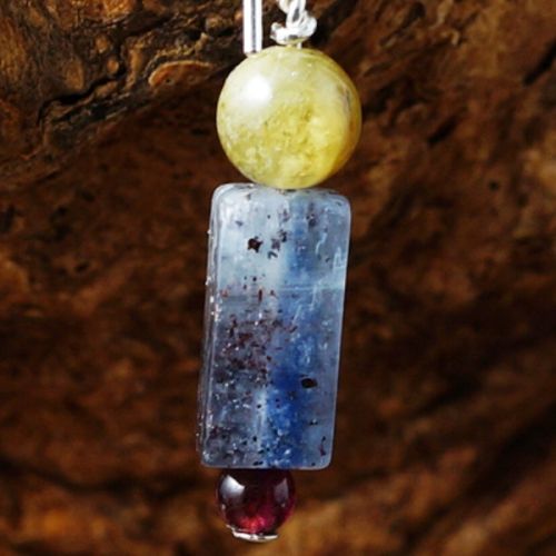 Contemporary sterling silver wire wrapped Red and Green Garnet Blue Kyanite Oblong Earrings 01
