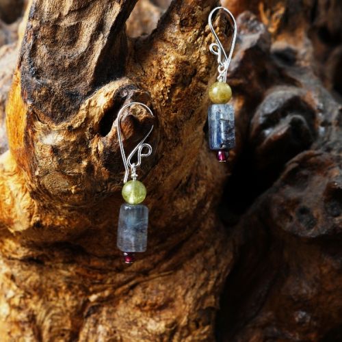 Contemporary sterling silver wire wrapped Red and Green Garnet Blue Kyanite Oblong Earrings 01