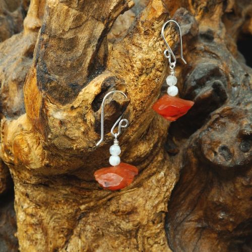 Handcrafted sterling silver wire wrapped Rainbow Moonstone Carnelian earrings 02 Full View