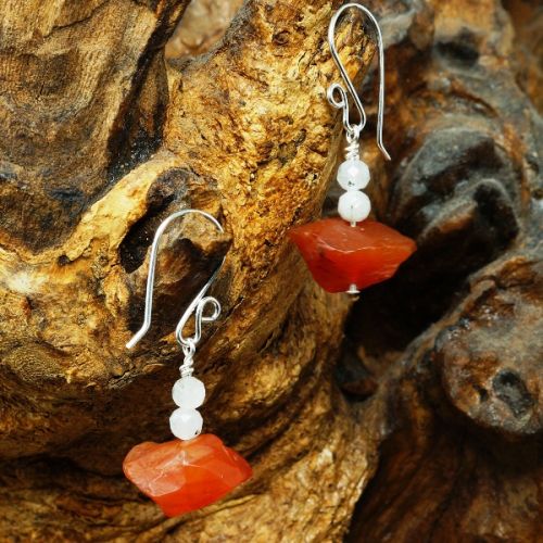 Handcrafted sterling silver wire wrapped Rainbow Moonstone Carnelian earrings 02 Full View