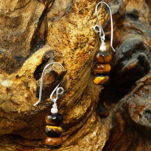 Handmade sterling silver stacked Golden Tiger's Eye Earrings Full View