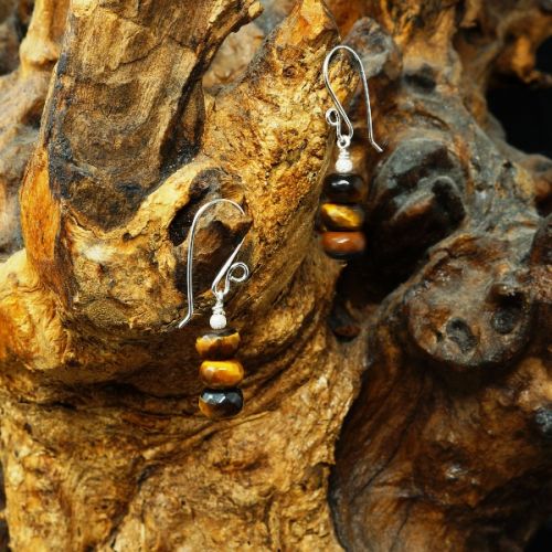 Handmade sterling silver stacked Golden Tiger's Eye Earrings Full View