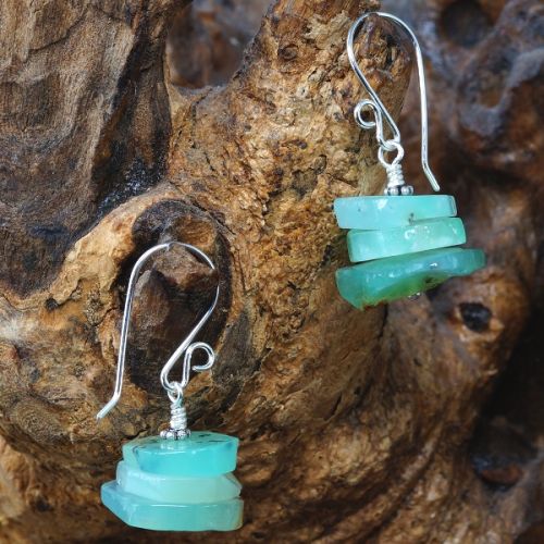Handmade sterling silver wire wrapped stacked Green Chrysoprase slices earrings 01